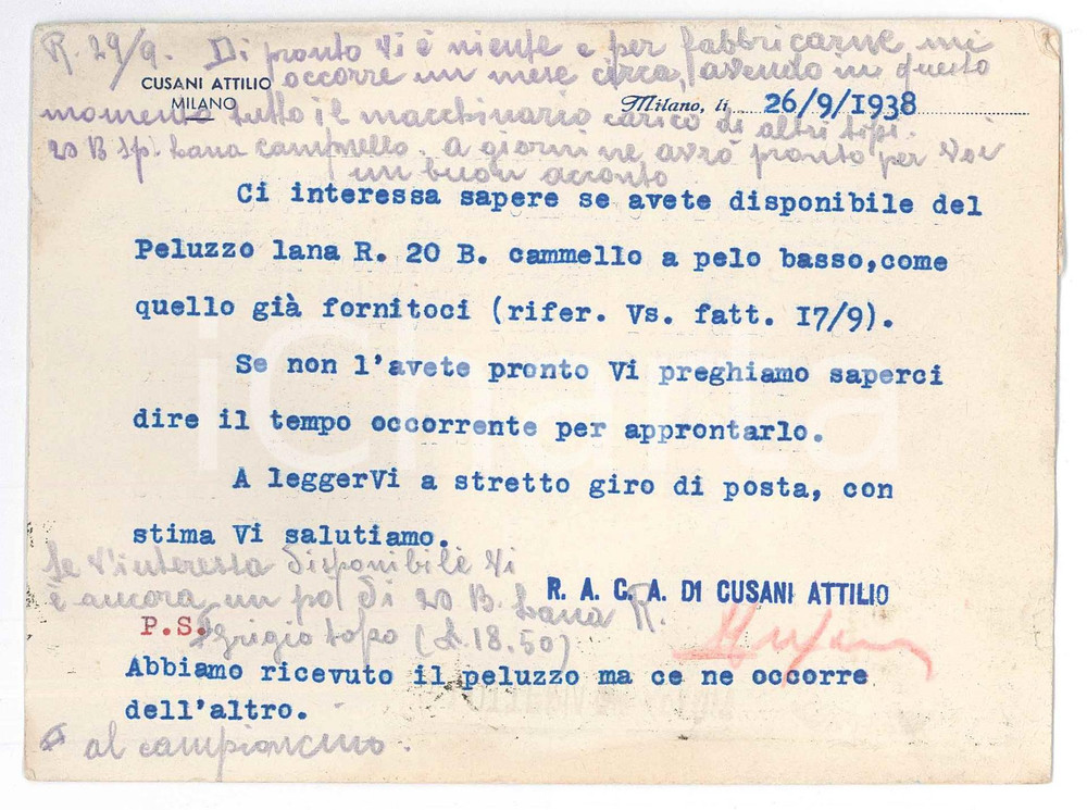Materiale pubblicitario d’epoca 1938 MILANO  Ditta R.A.C.A. di CUSANI Attilio  Ordine lana cammello Cartolina 1
