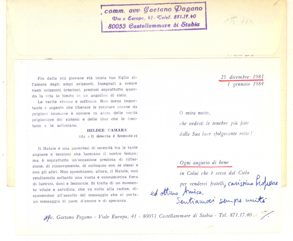 Autografo originale 1983 CASTELLAMMARE DI STABIA Gaetano PAGANO  Biglietto auguri AUTOGRAFO 1