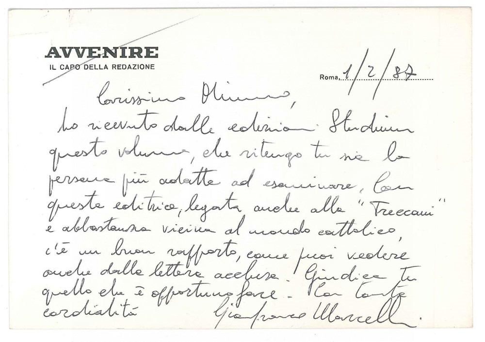 Autografo originale 1987 ROMA  AVVENIRE  Gianfranco MARCELLI per recensione volume  AUTOGRAFO 1