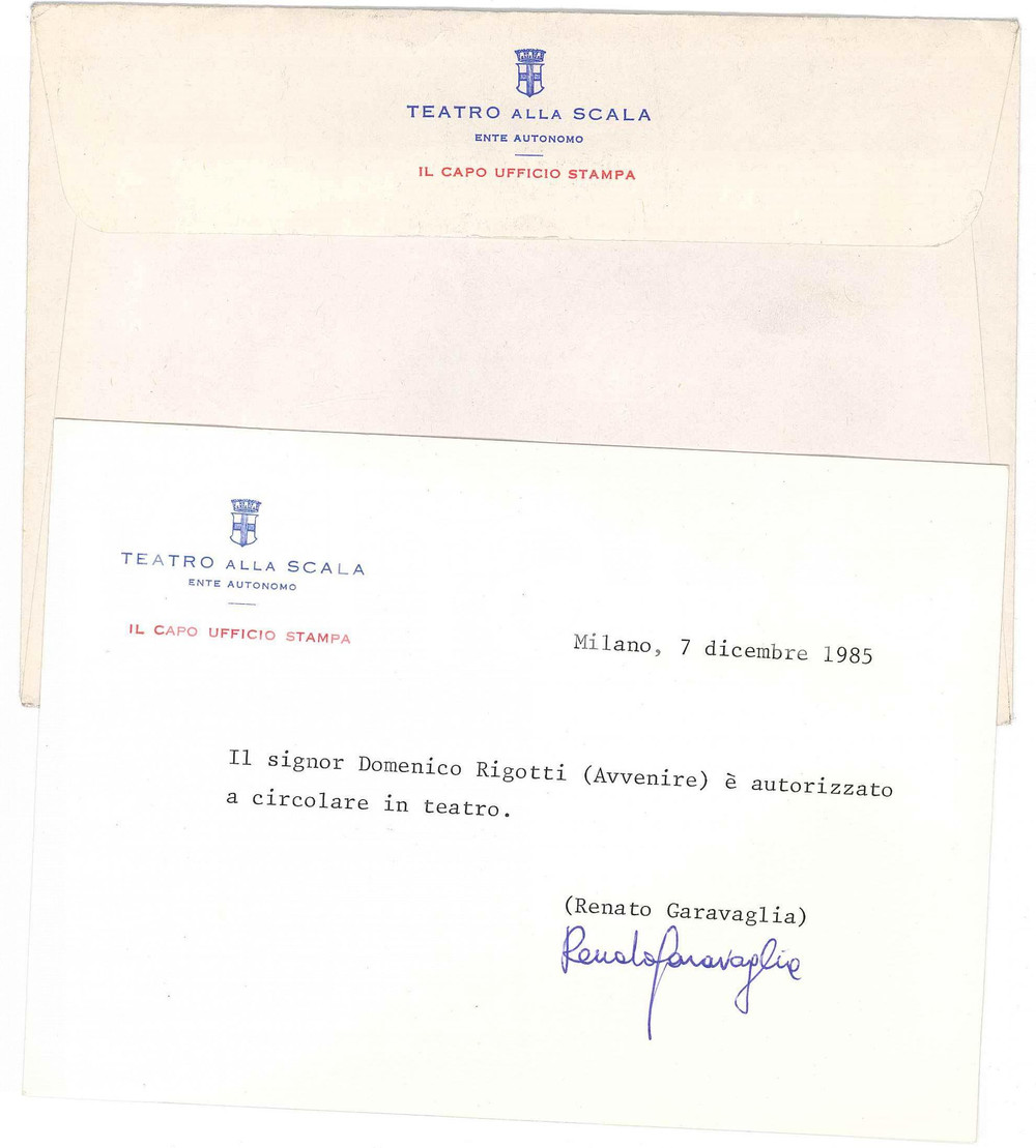 Autografo originale 1985 MILANO Teatro Alla Scala  Renato GARAVAGLIA Capo Ufficio Stampa AUTOGRAFO 1