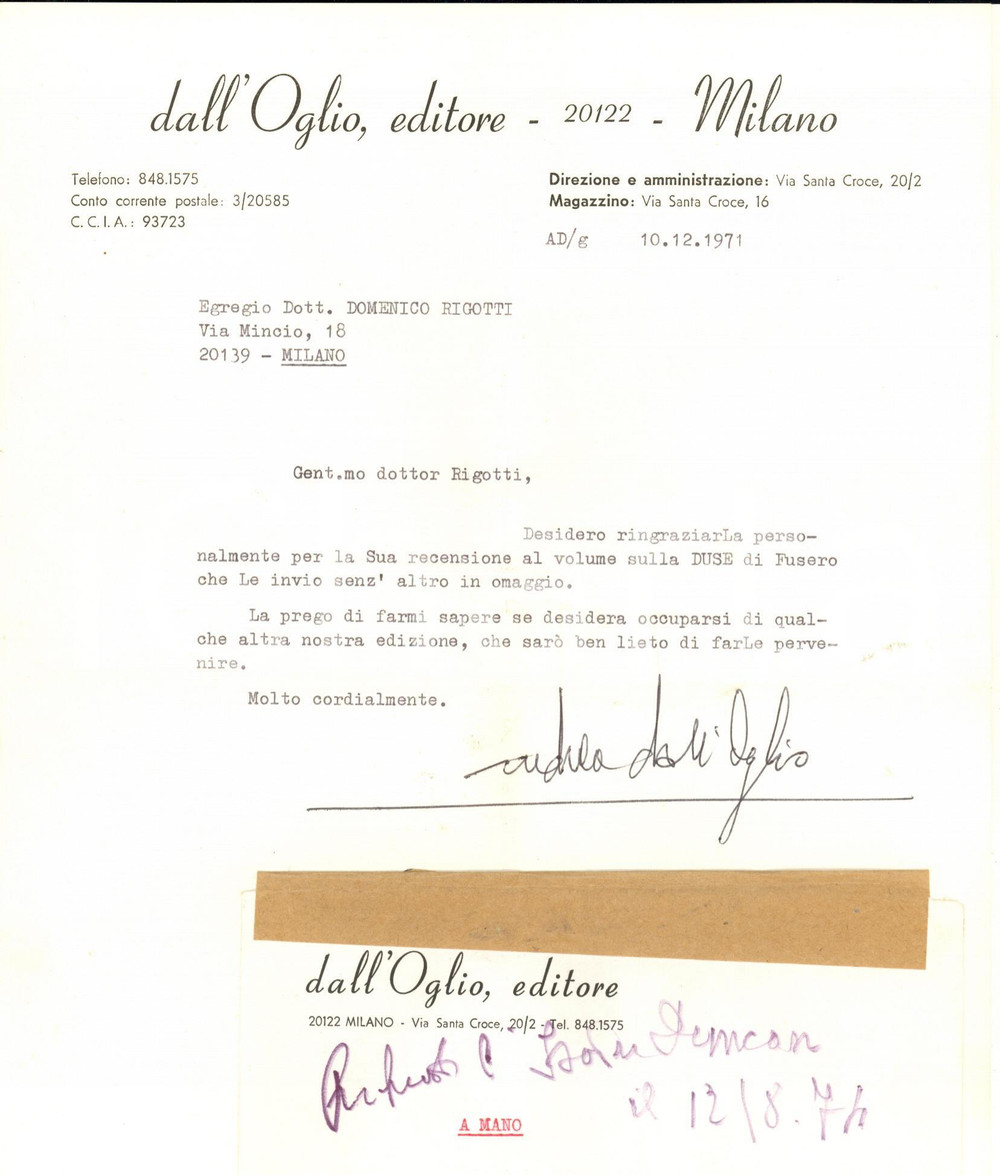 Autografo originale 1971 MILANO Editore Andrea DALL OGLIO ringrazia per recensione AUTOGRAFO 1