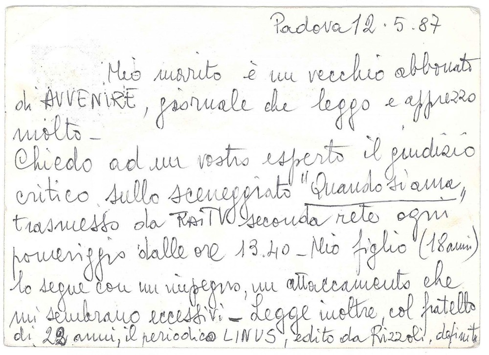 Manoscritto, lettera originale 1987 PADOVA Cartolina ad Avvenire  LINUS fumetto immorale e disfattista 1