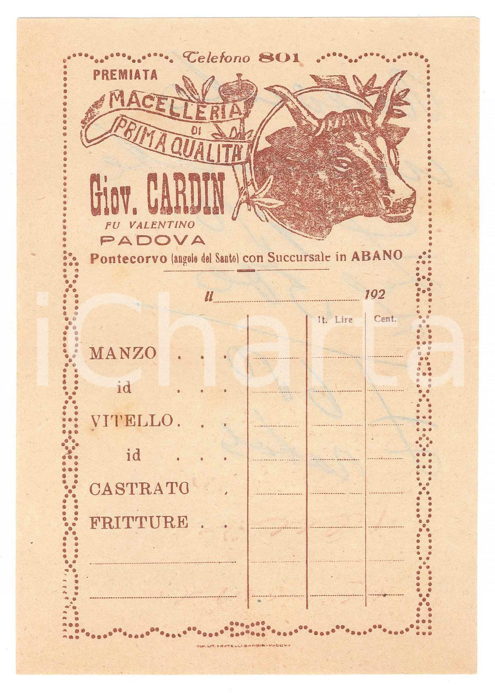 Documento originale, autentico 1920 ca PADOVA PONTECORVO Macelleria Giovanni CARDIN  Conto carta intestata 1