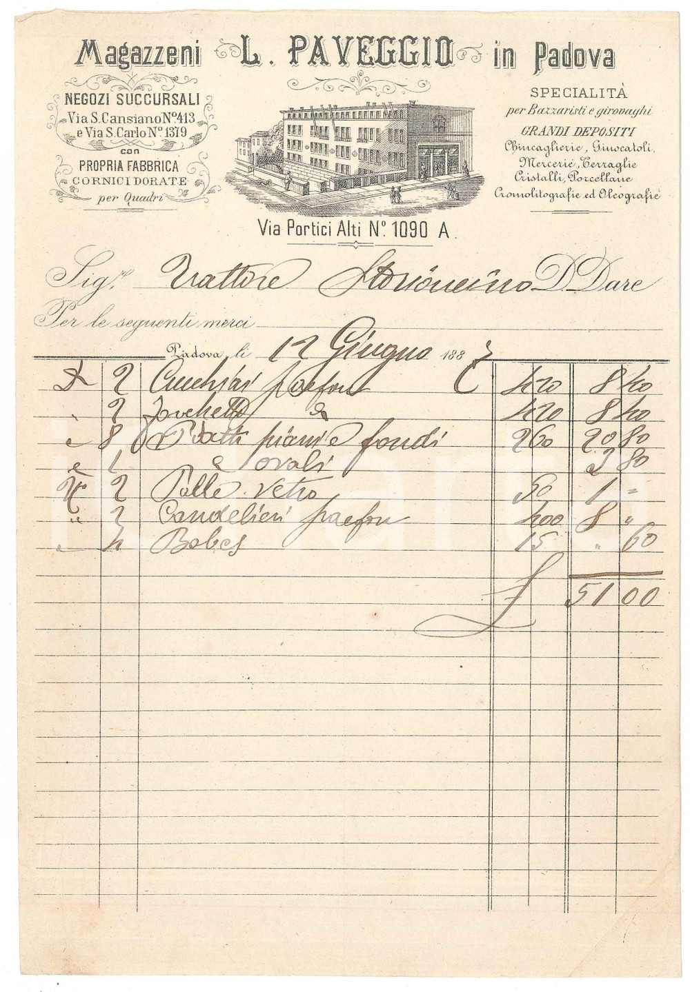 Documento originale, autentico 1887 PADOVA Via Portici Alti 1090  Magazzeni L. PAVEGGIO  Fattura 1