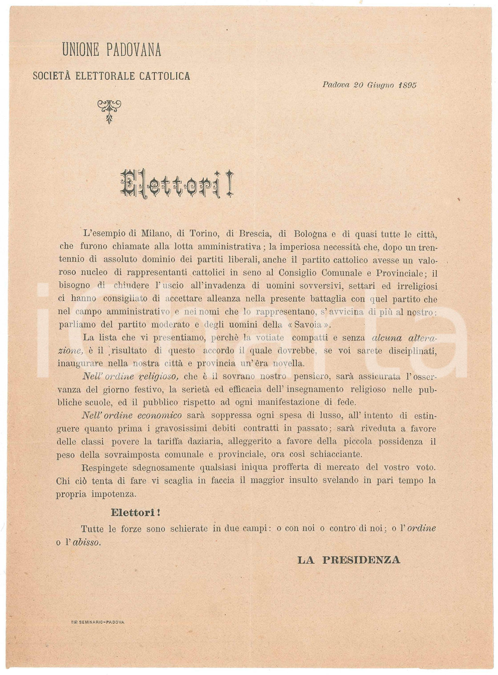 Documento originale, autentico 1895 PADOVA Unione Padovana  SocietÃ  Elettorale Cattolica  Lettera propaganda 1
