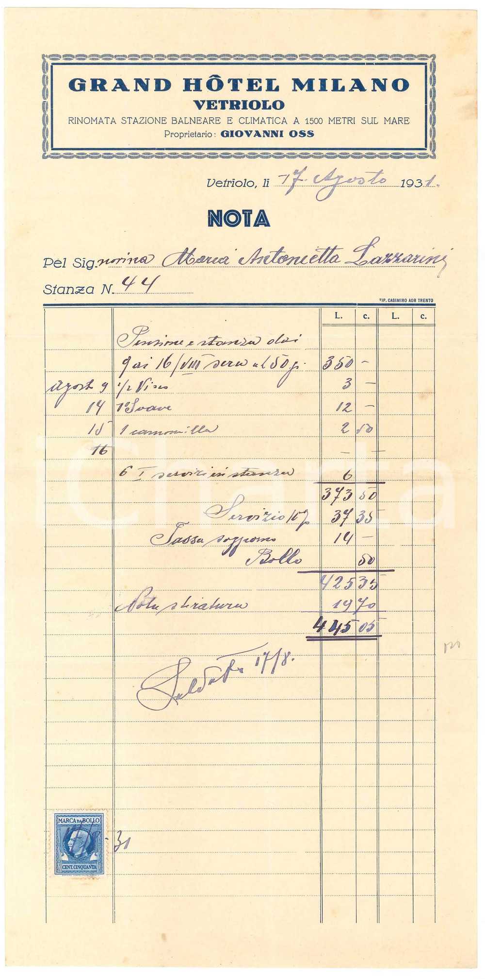 Documento originale, autentico 1931 VETRIOLO TERME TN Grand Hotel MILANO  Nota su carta intestata 1