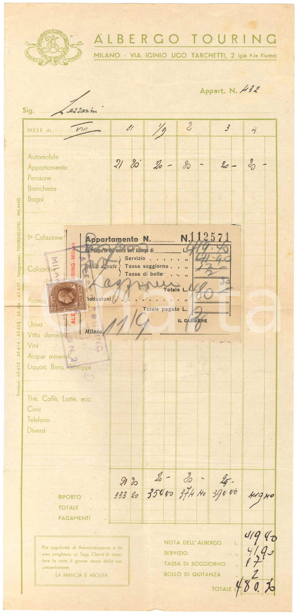 Documento originale, autentico 1930 ca MILANO Via Tarchetti 2  Albergo TOURING  Conto su carta intestata 1