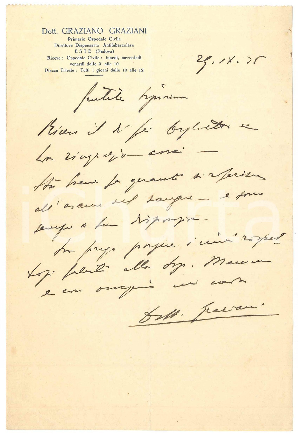 Documento originale, autentico 1935 ESTE PD Dott. Graziano GRAZIANI Primario Ospedale Civile  Lettera 1