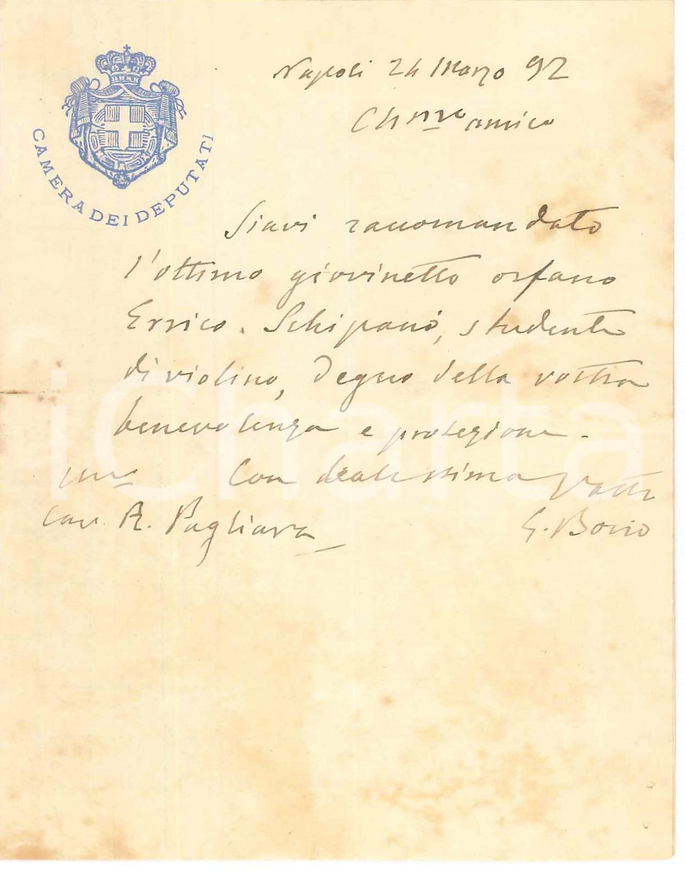 Autografo originale 1892 NAPOLI Lettera on. Giovanni BOVIO pro Enrico SCHIPANI violinista AUTOGRAFO 1