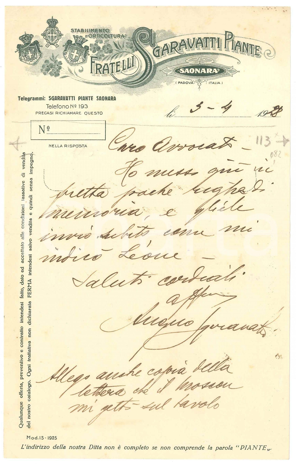 Documento originale, autentico 1928 SAONARA PD Fratelli SGARAVATTI Stabilimento Orticoltura  Lettera 1