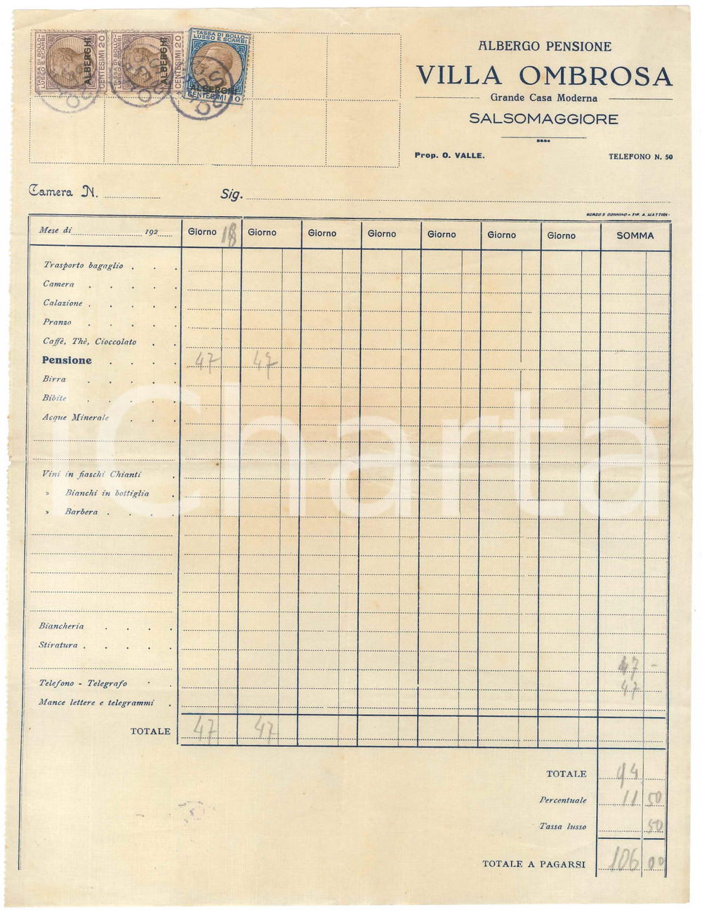 Documento originale, autentico 1925 SALSOMAGGIORE  Albergo pensione VILLA OMBROSA  Fattura 1