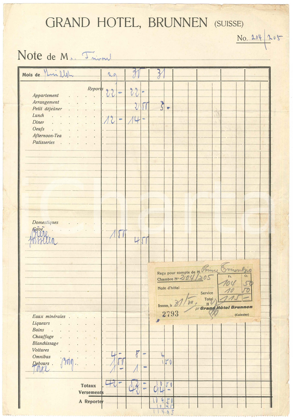 Documento originale, autentico 1931 BRUNNEN SVIZZERA Grand Hotel  Fattura su carta intestata 1