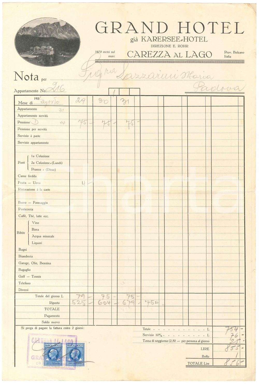 Documento originale, autentico 1931 CAREZZA AL LAGO BZ Grand Hotel  Fattura su carta intestata 1