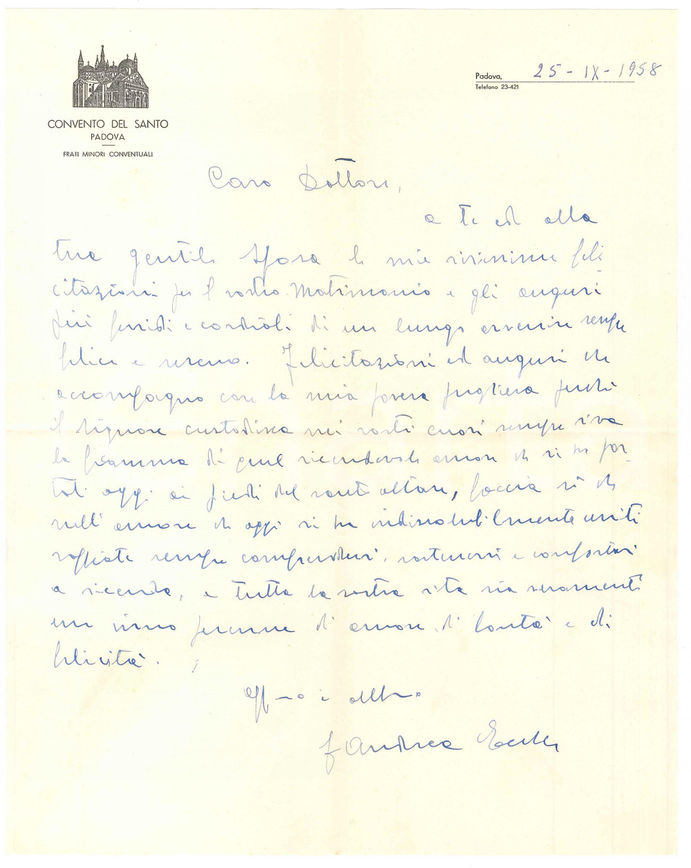 Autografo originale 1958 PADOVA Convento del Santo  Auguri padre Andrea ECCHER AUTOGRAFO 1