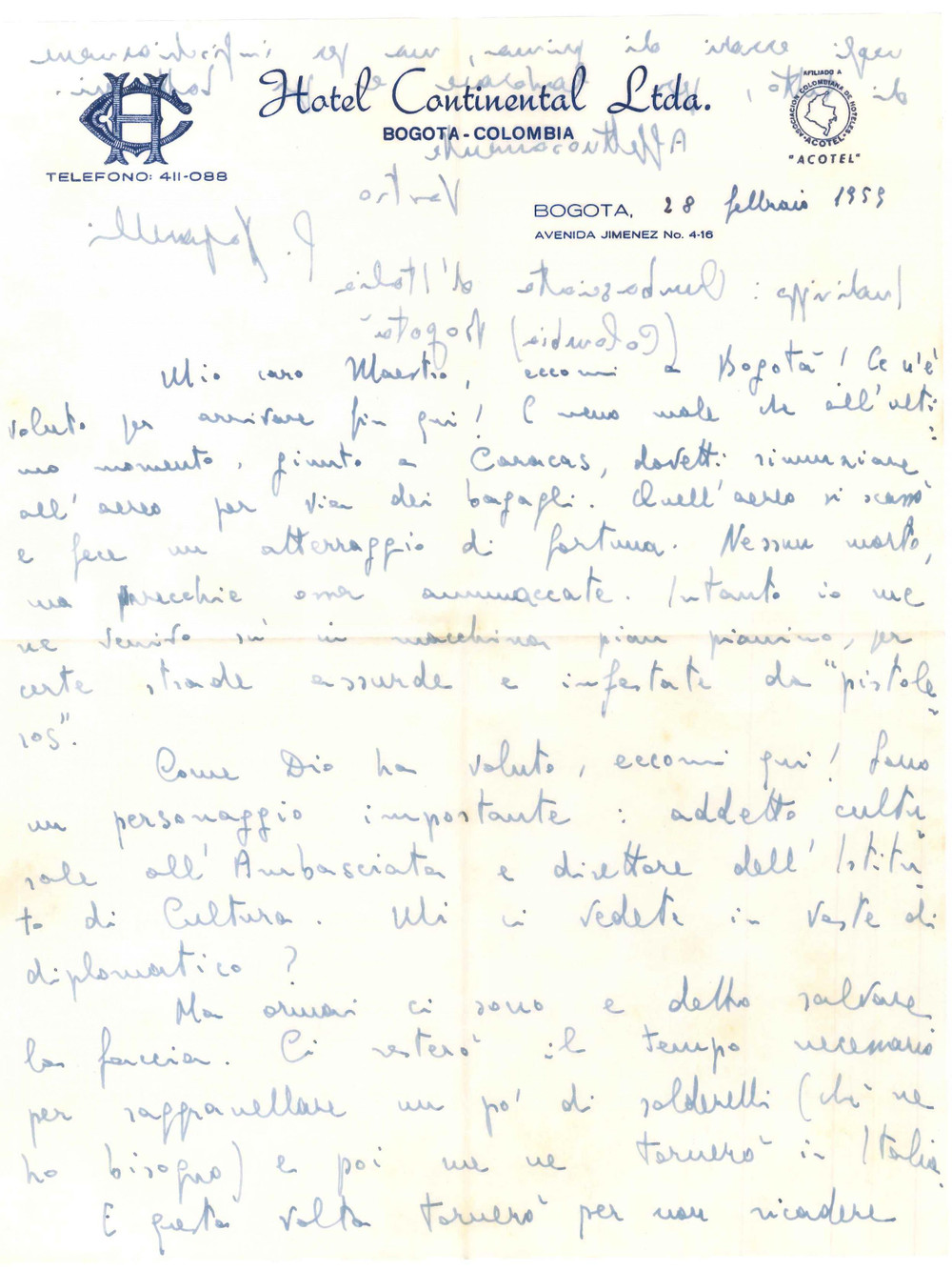 Autografo originale 1959 BOGOTA  Lettera Gioacchino PAPARELLI direttore istituto Cultura AUTOGRAFO 1