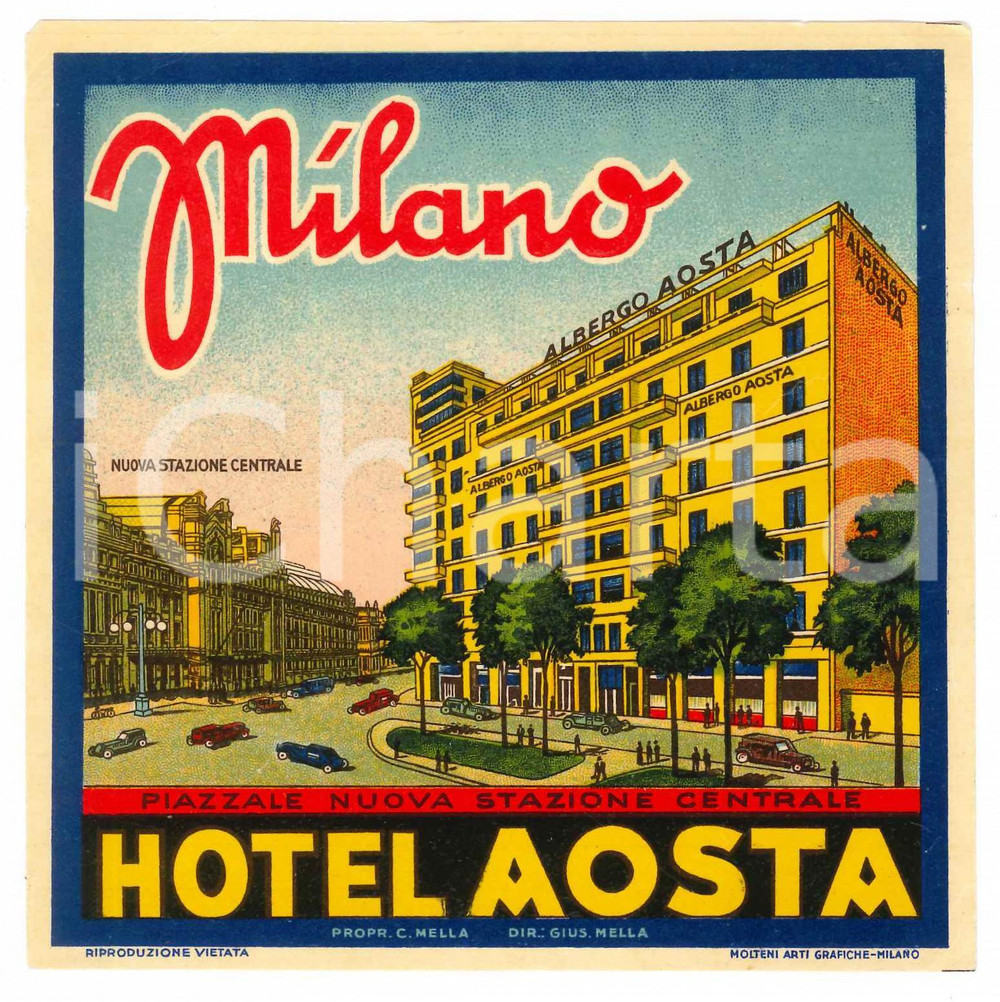 Materiale pubblicitario d’epoca 1935 ca MILANO Hotel AOSTA Nuova Stazione Centrale  Etichetta ILLUSTRATA 1