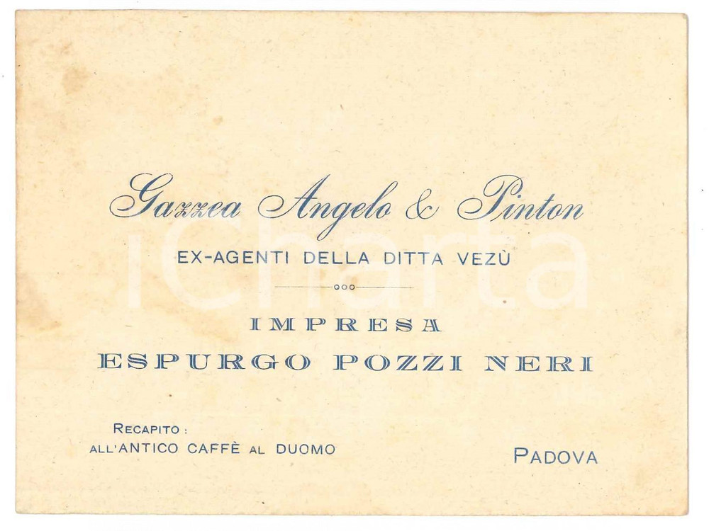 Materiale pubblicitario d’epoca 1920 ca PADOVA  GAZZEA Angelo & Pinton  Espurgo pozzi neri  Biglietto 1