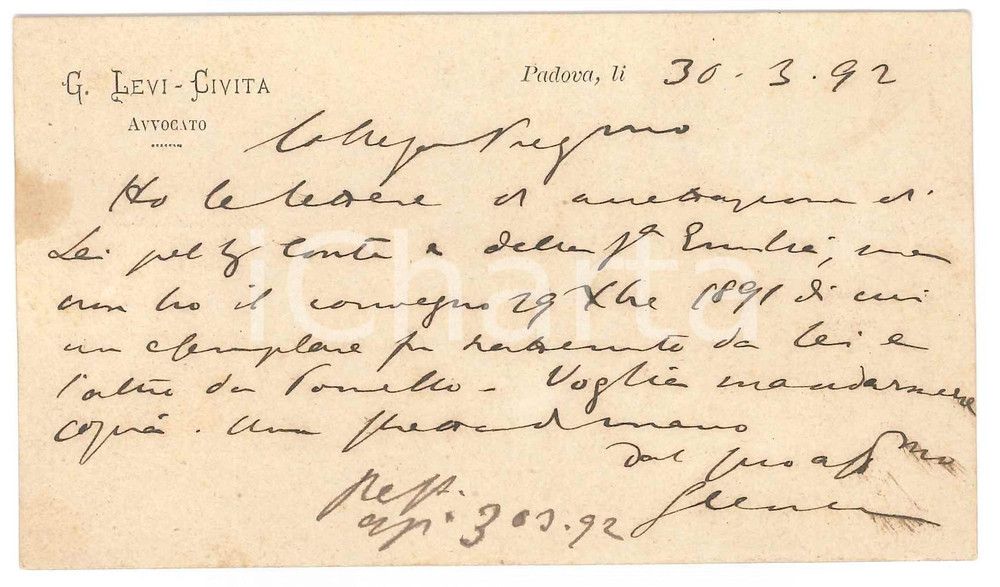 Autografo originale 1892 PADOVA Giacomo LEVI CIVITA avvocato  Biglietto AUTOGRAFO 1