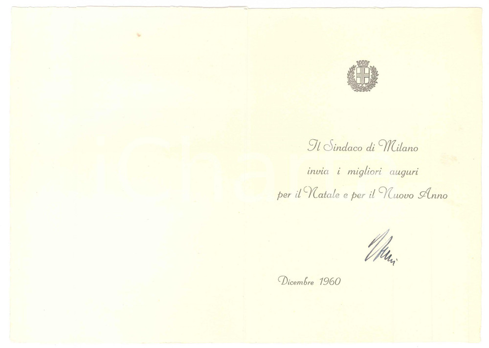 Materiale pubblicitario d’epoca 1960 MILANO Sindaco Virgilio FERRARI  Biglietto auguri AUTOGRAFO 1
