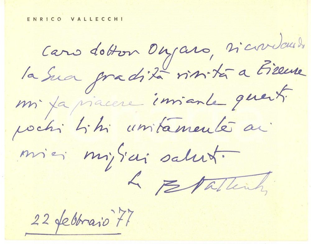 1977 FIRENZE Enrico VALLECCHI - Biglietto per invio libri - AUTOGRAFO
