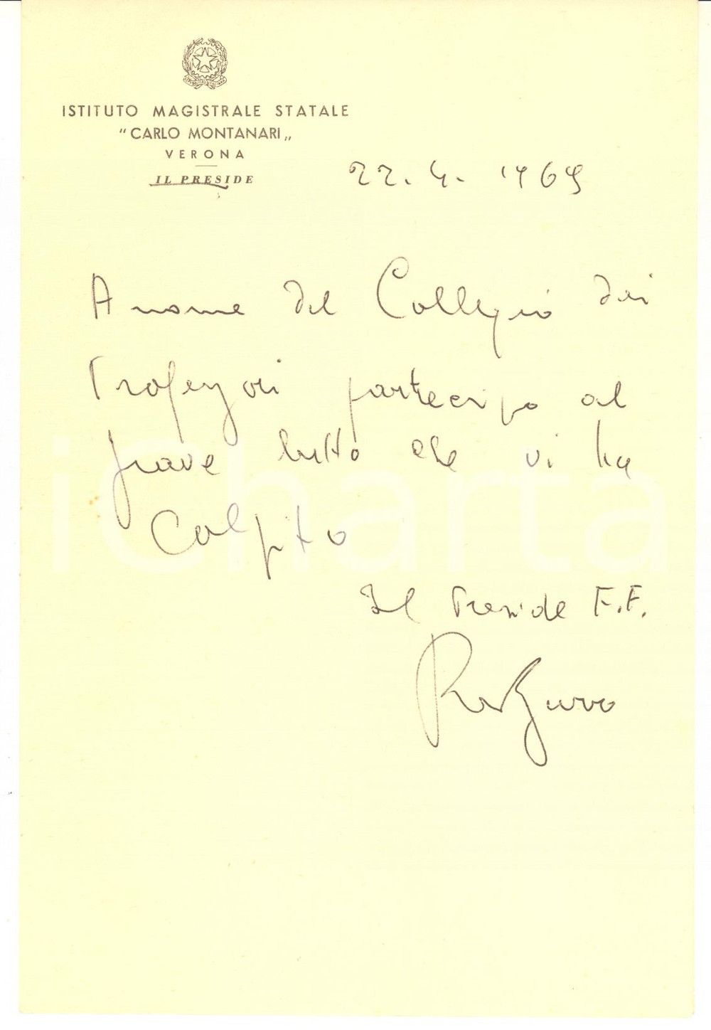 Autografo originale 1969 VERONA Istituto Magistrale Carlo MONTANARI Lettera preside   AUTOGRAFO 1