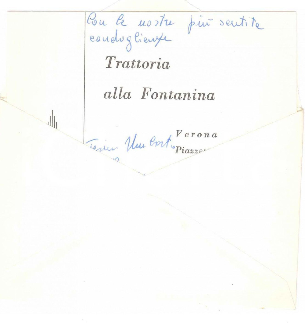 Oggetto da collezione cartaceo 1969 VERONA Trattoria alla Fontanina  Piazzetta Chiavica 5 Biglietto 1