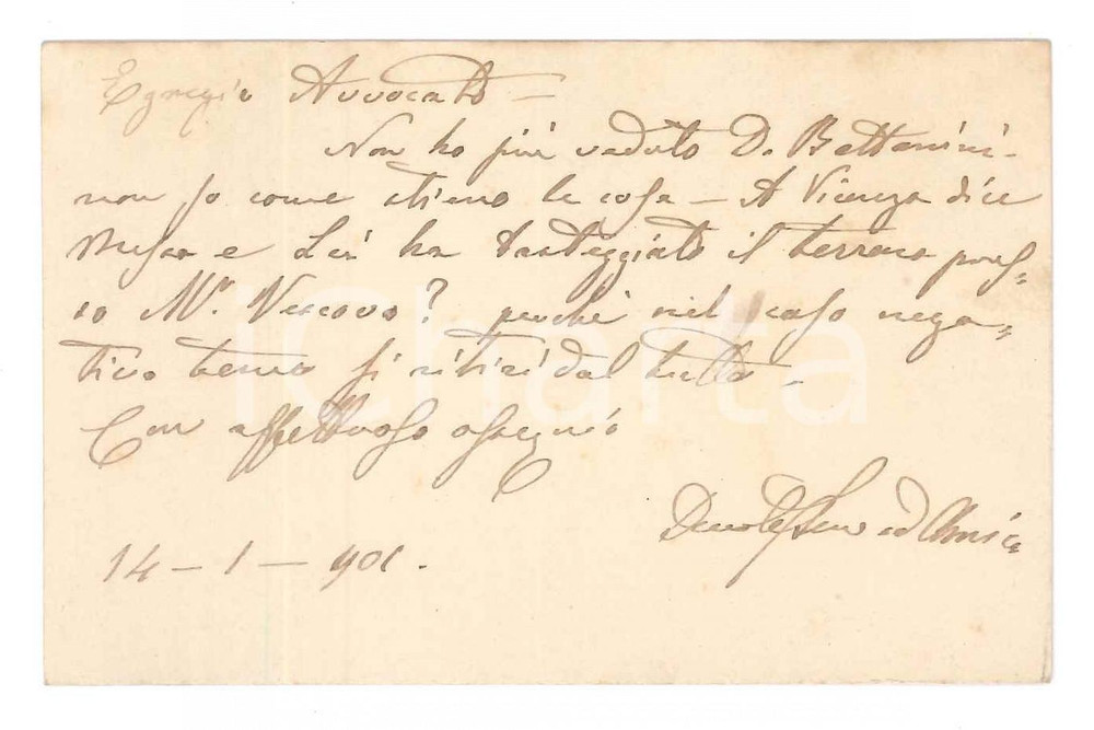 Autografo originale 1901 BOVOLENTA Arciprete don Raimondo BAZZANI  Biglietto da visita autografo 1