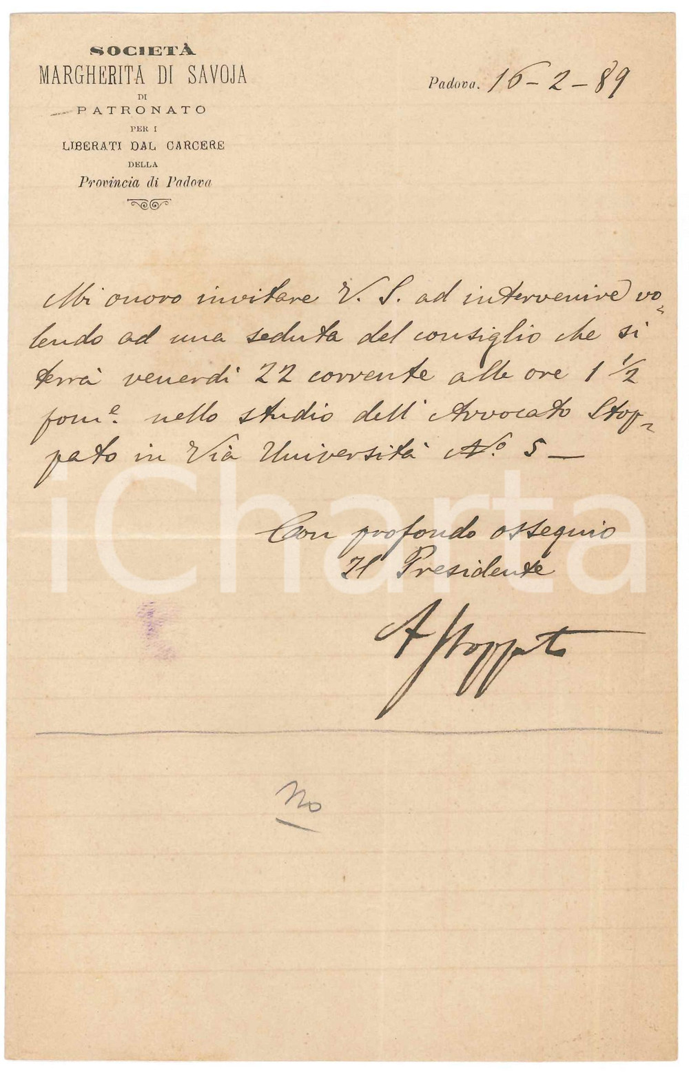 Autografo originale 1889 PADOVA Lettera Alessandro STOPPATO  SocietÃ  Margherita di Savoia AUTOGRAFO 1