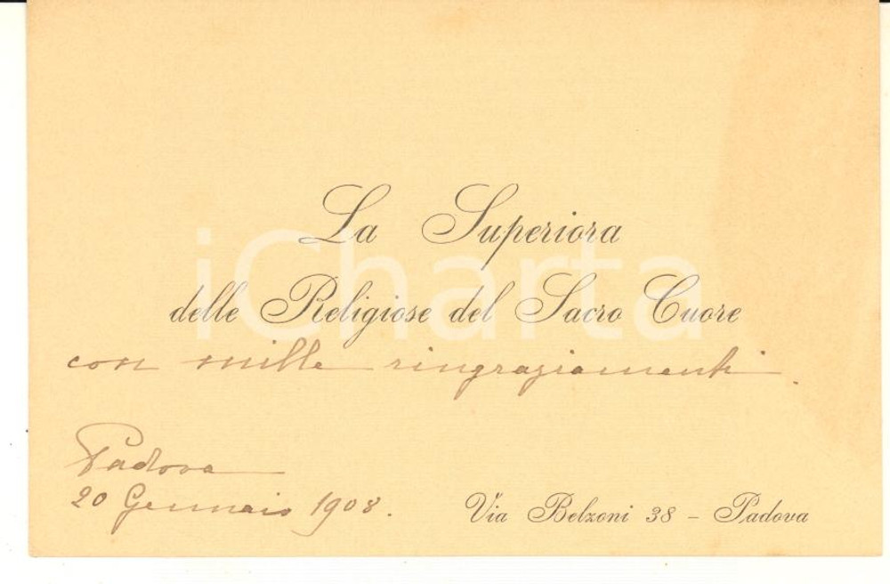 Autografo originale 1908 PADOVA Religiose del Sacro Cuore  Superiora  Biglietto autografo 1