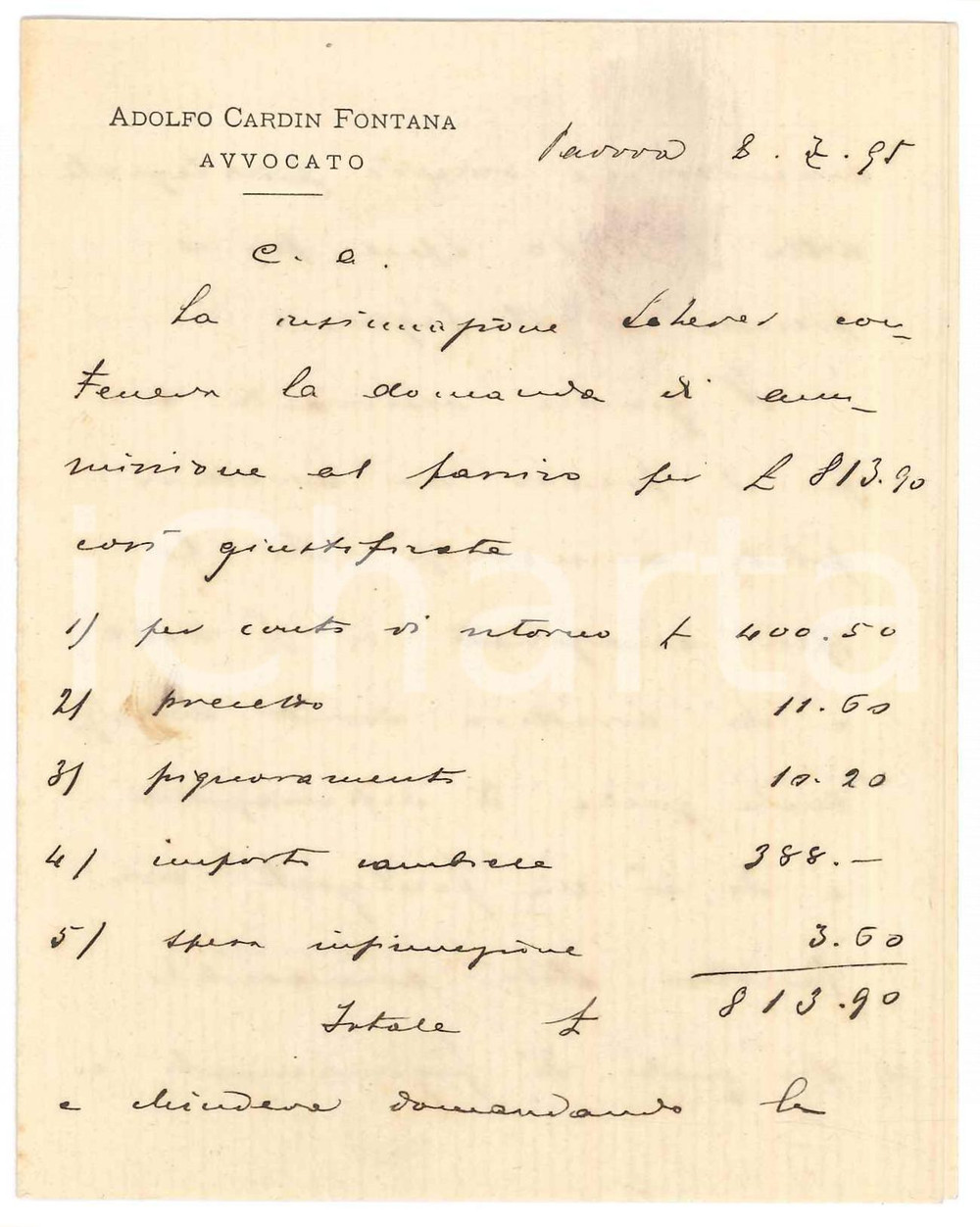 Autografo originale 1895 PADOVA Lettera avv. Adolfo CARDIN FONTANA per assicurazione AUTOGRAFO 1