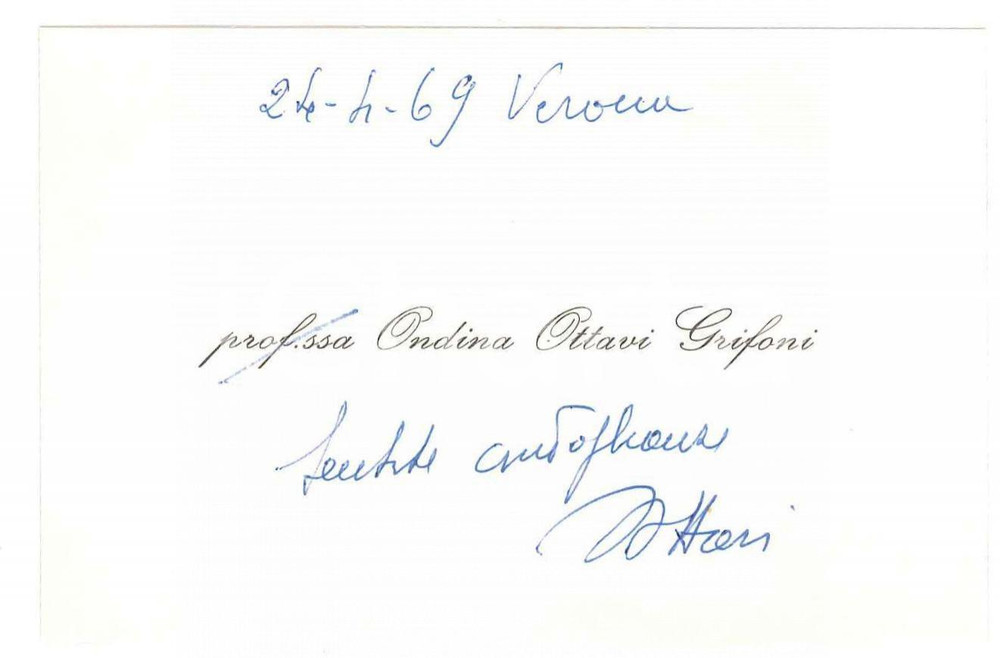 Autografo originale 1969 VERONA Prof.ssa Ondina OTTAVI GRIFONI  Biglietto da visita AUTOGRAFO 1