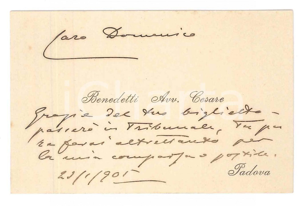 Autografo originale 1905 PADOVA Cesare BENEDETTI avvocato  Biglietto da visita AUTOGRAFO 1