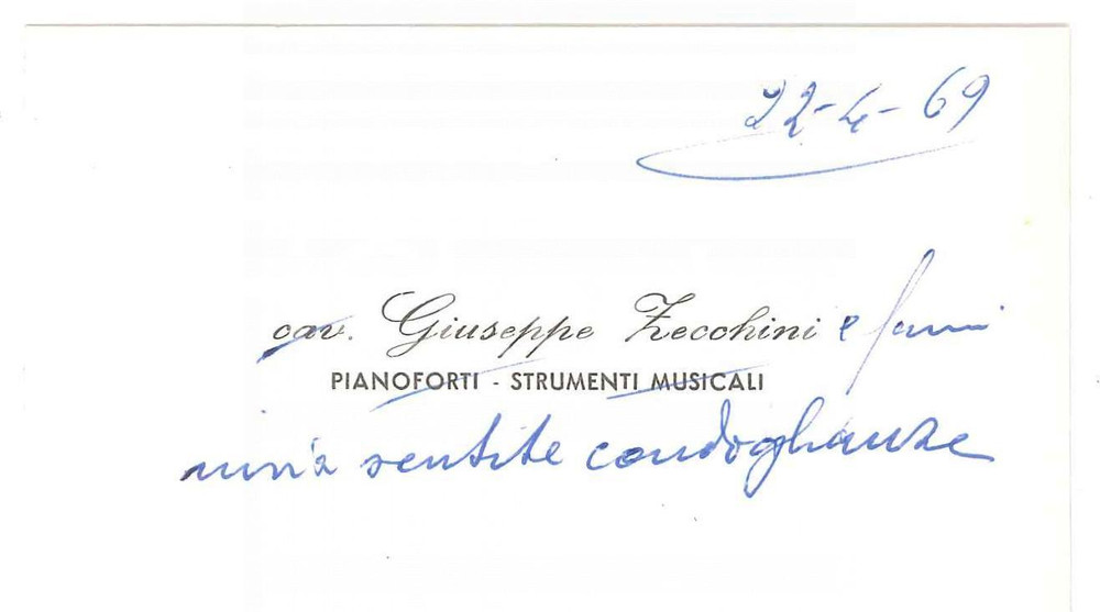 Autografo originale 1969 VERONA Giuseppe ZECCHINI  Strumenti musicali  Biglietto AUTOGRAFO 1