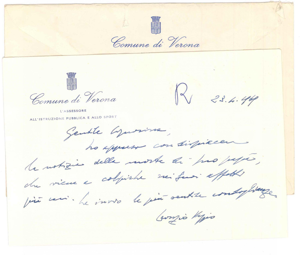 Autografo originale 1977 Comune di VERONA Biglietto Leonzio VEGGIO  Assessore  AUTOGRAFO 1