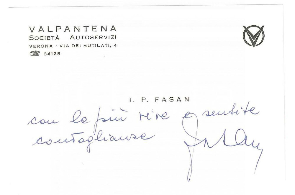 Autografo originale 1969 VERONA I. P. FASAN  SocietÃ  Autoservizi VALPANTENA  Biglietto da visita 1