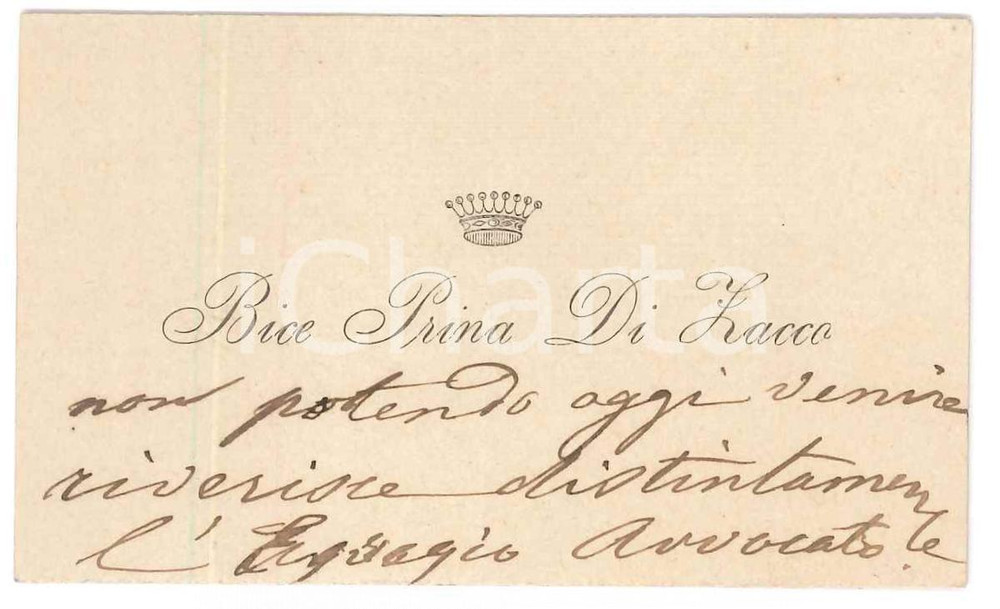 Autografo originale 1905 ca VERONA ? Nobildonna Bice PRINA DI ZACCO  Biglietto AUTOGRAFO 1