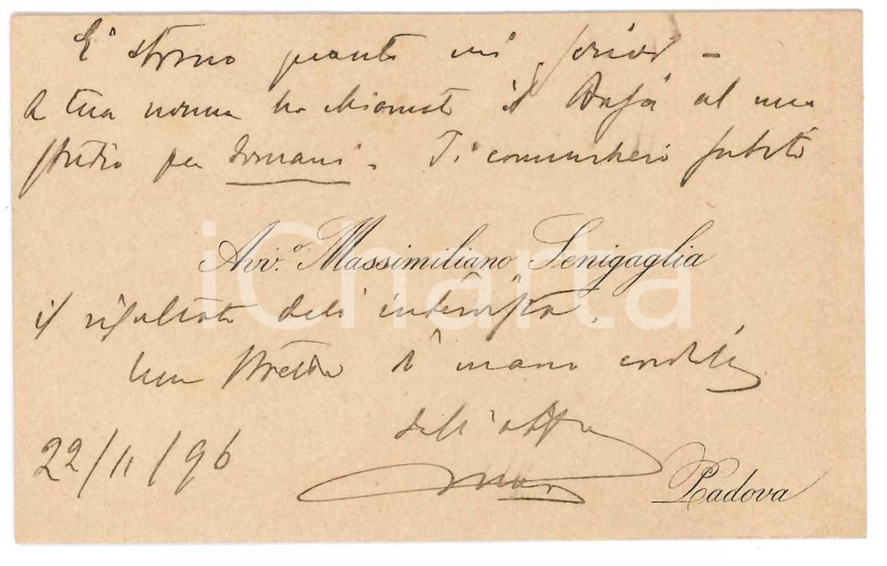 Autografo originale 1896 PADOVA Avvocato Massimiliano SENIGAGLIA  Biglietto da visita 1