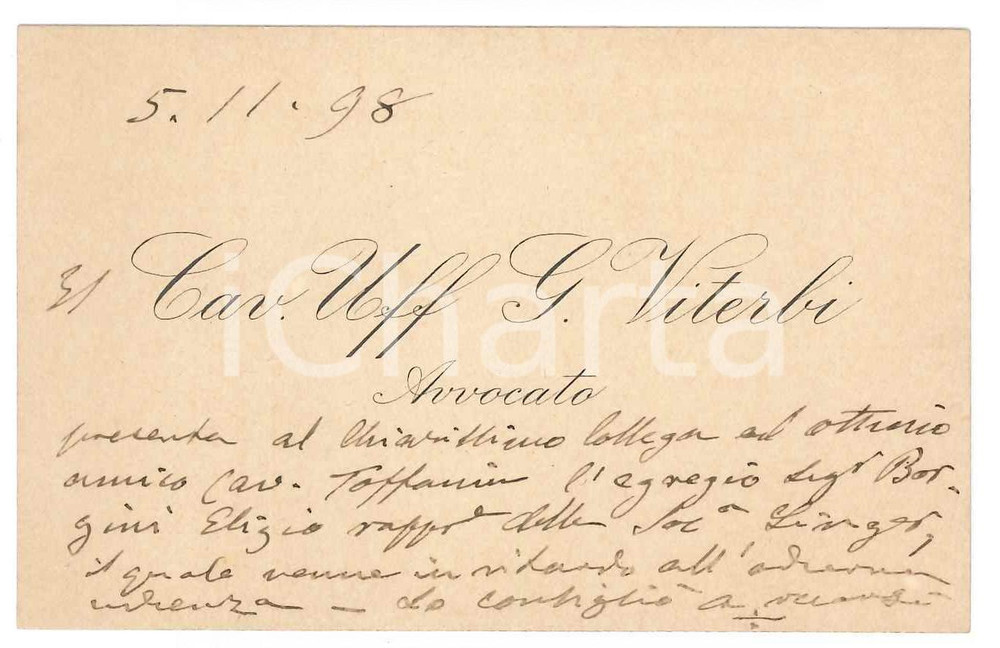 Autografo originale 1896 PADOVA Cav. Uff. G. VITERBI avvocato  Biglietto da visita AUTOGRAFO 1