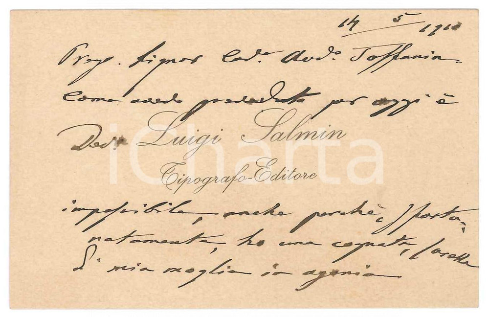 Autografo originale 1910 PADOVA Luigi SALMIN TipografoEditore  Biglietto da visita AUTOGRAFO 1