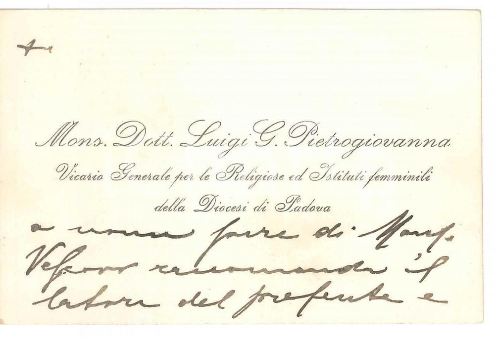 Autografo originale 1879 PADOVA Mons. Luigi G. PIETROGIOVANNA Vicario Religiose Biglietto AUTOGRAFO 1