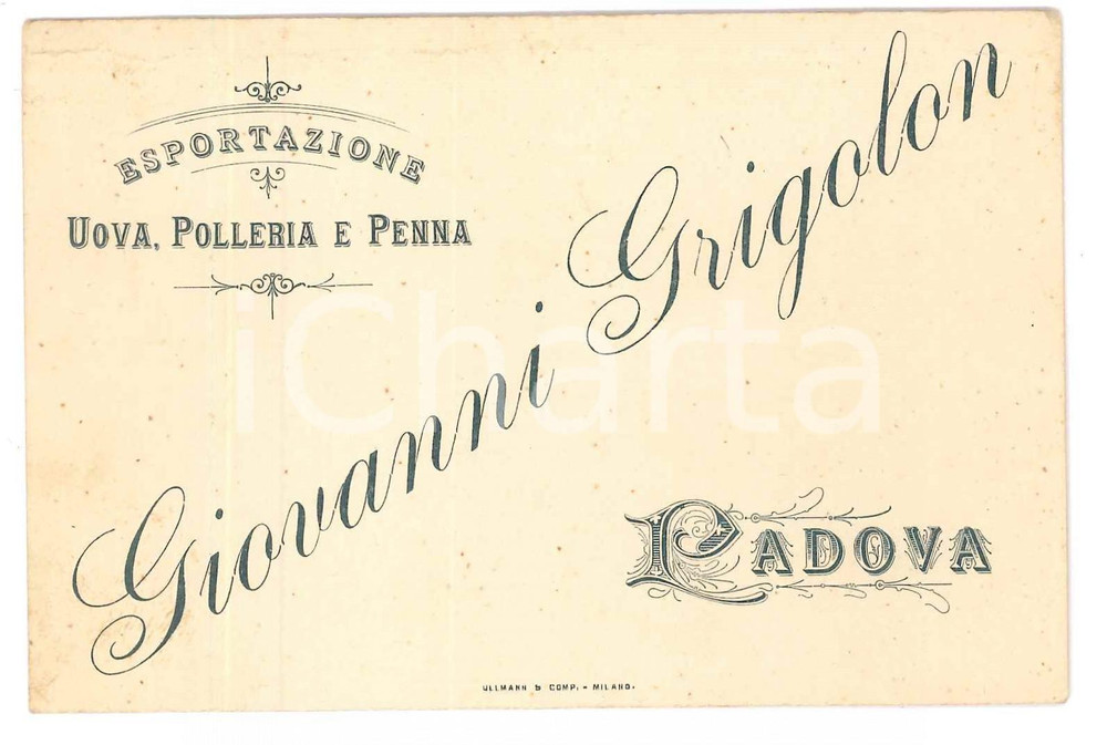 Materiale pubblicitario d’epoca 1893 PADOVA Giovanni GRIGOLON  Esportazione uova, polleria e penna Biglietto 1