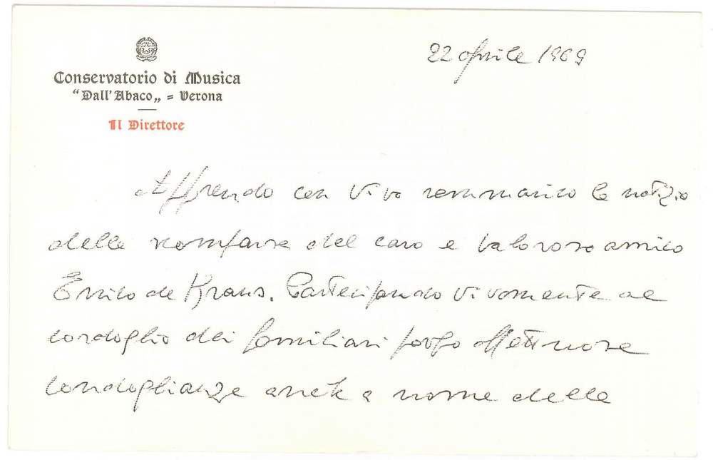 Autografo originale 1969 VERONA Conservatorio DALL ABACO   Laszlo SPEZZAFERRI direttore  AUTOGRAFO 1