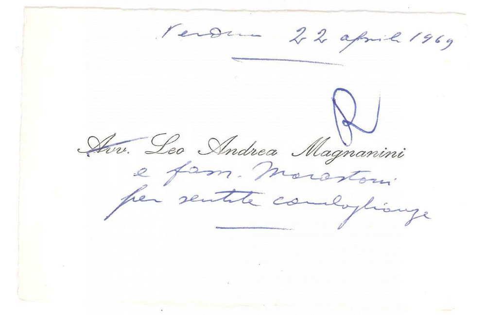 Autografo originale 1969 VERONA Avvocato Leo Andrea MAGNANINI  Biglietto da visita AUTOGRAFO 1