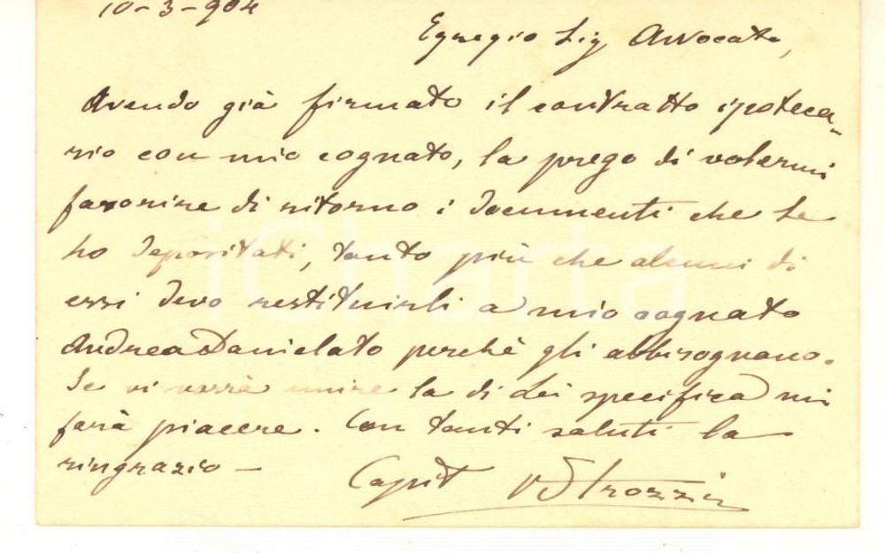 Autografo originale 1904 s. l. Capitano Vittorio STROZZI  Biglietto da visita AUTOGRAFO 1