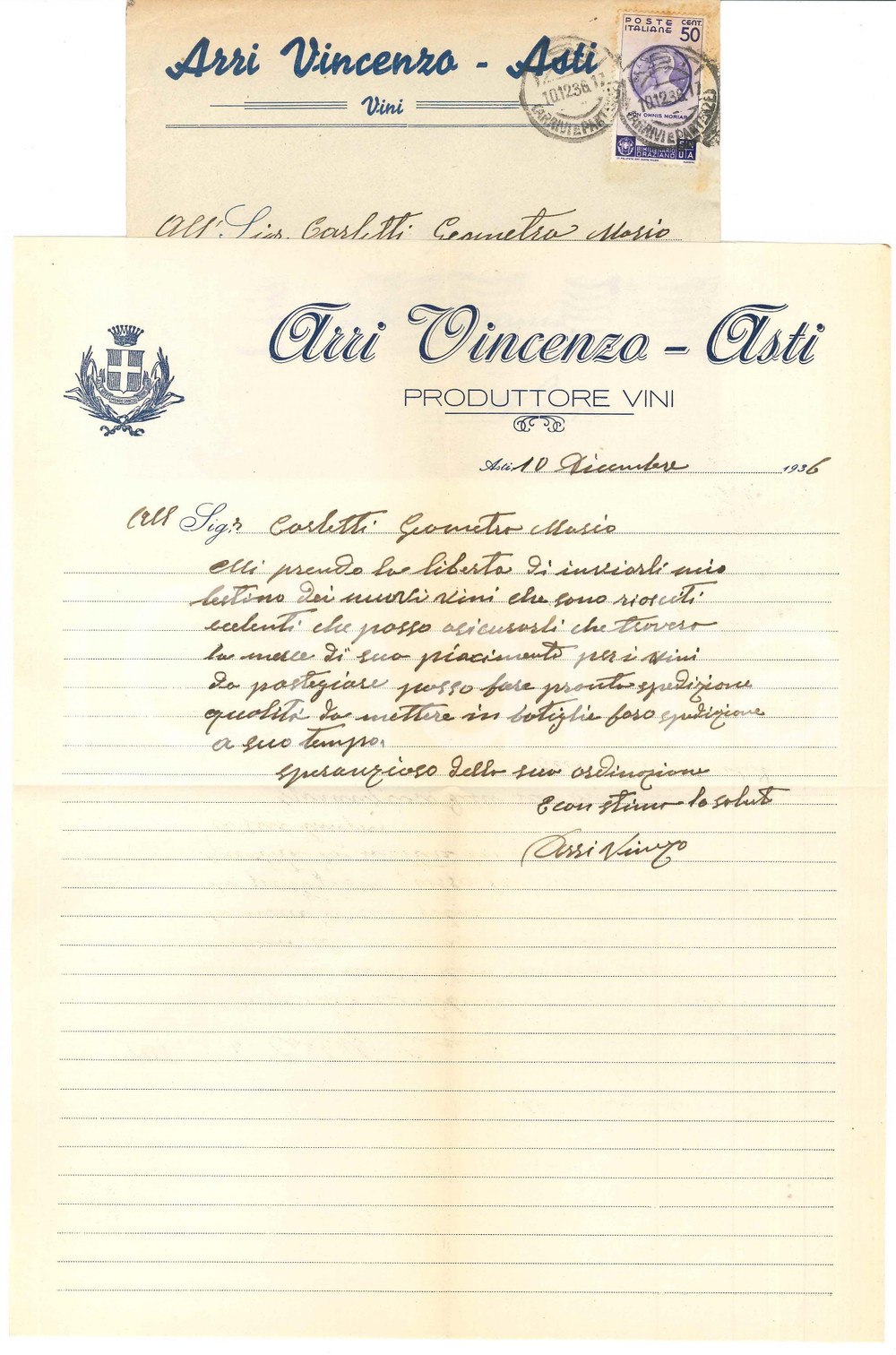 Autografo originale 1936 ASTI Vincenzo ARRI Produttore Vini  Lettera commerciale  Autografo 1