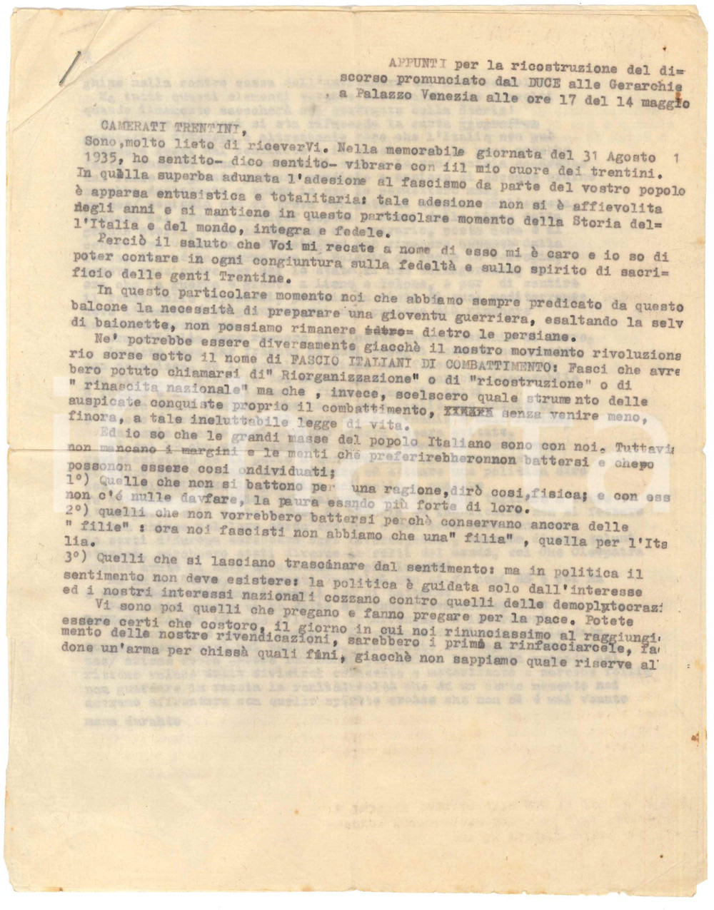 Documento originale, autentico 1935 ca ROMA Appunti sul discorso di Benito Mussolini ai Camerati Trentini 1