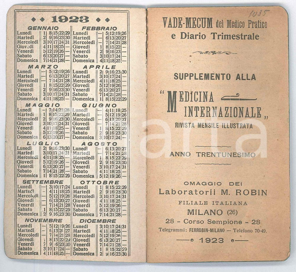 Libro, pubblicazione d epoca 1923 MILANO FARMACEUTICA Laboratori M. ROBIN  Vademecum del medico pratico 1