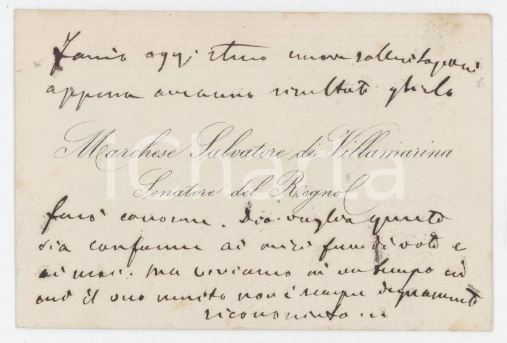 Autografo originale 1870 ca Marchese Salvatore PES DI VILLAMARINA senatore Biglietto AUTOGRAFO 1