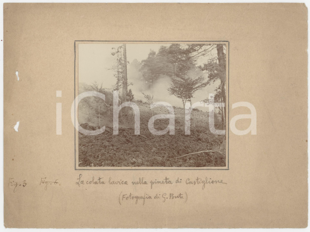 Fotografia d epoca originale 1910 ca Eruzione ETNA  Colata lavica nella pineta di CASTIGLIONE Foto G. PONTE 1