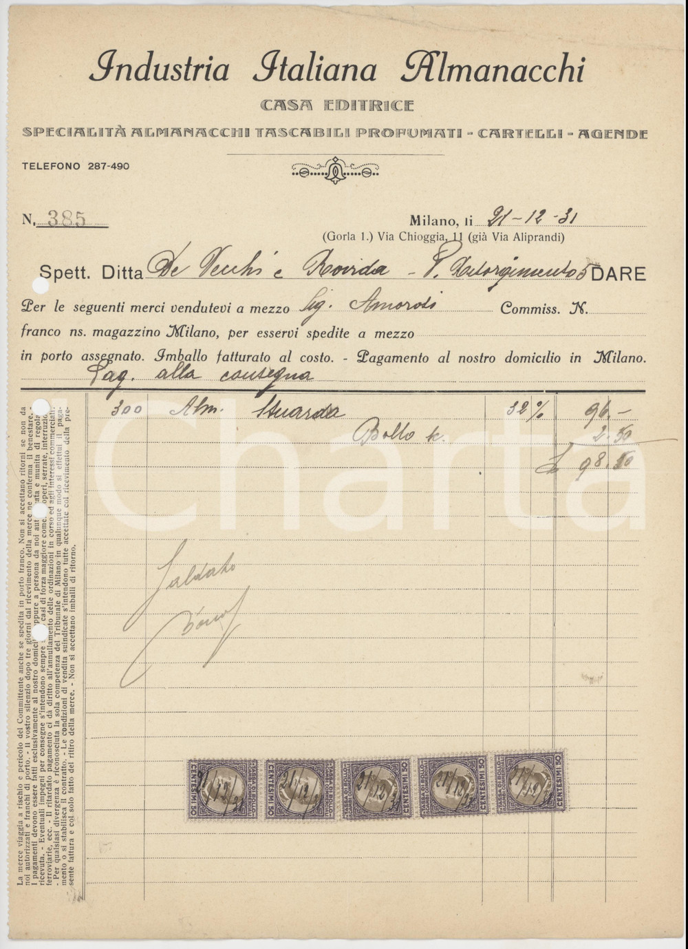 Documento originale, autentico 1931 MILANO Via Chioggia  Casa editrice Industria Italiana Almanacchi  Fattura 1